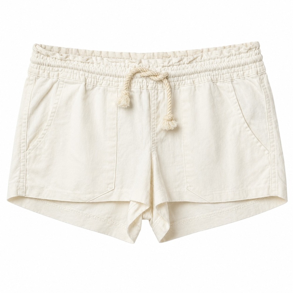 ROXY Linen Blend Micro Mini Elastic Waist Drawstring Shorts Sz L White Summer
